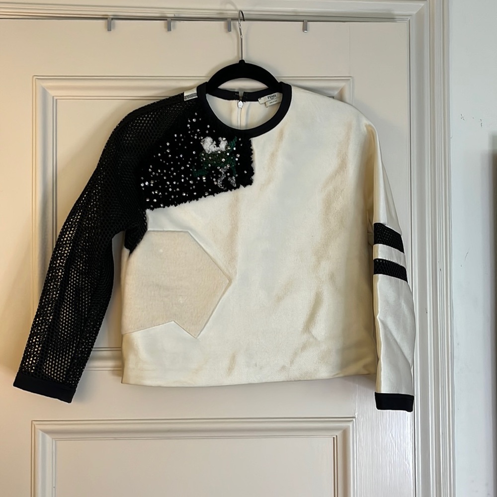 FENDI Blouse with Mesh, Shearling and Crystal Detail. Size 36